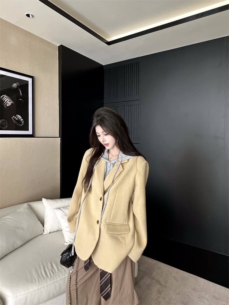 실사 정가 이른 가을 3 차원 아주 넓은 두꺼운 루즈핏 느긋한 에디션 카키 모직 블레이저 상세 이미지 11