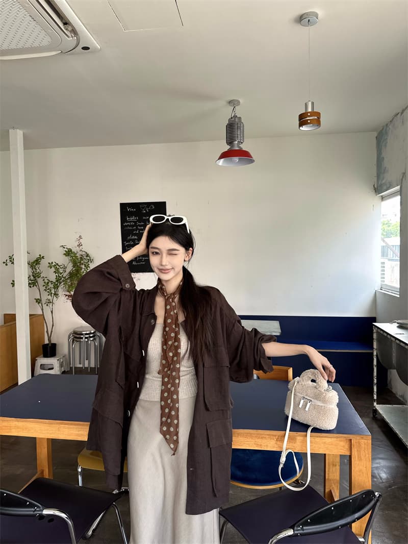 실사 정가 이른 봄 젠 한 마 도루 가을 높음 그램 무거운 중간 길이 느긋한 재킷 감기 브라운 반신 스커트 이미지 2