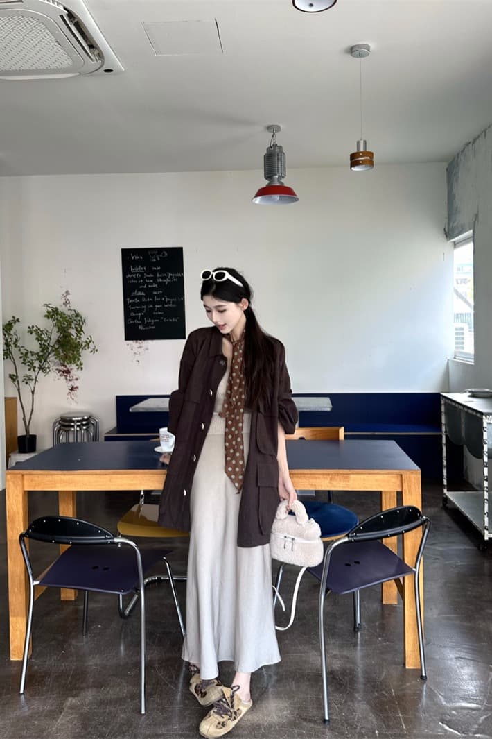 실사 정가 이른 봄 젠 한 마 도루 가을 높음 그램 무거운 중간 길이 느긋한 재킷 감기 브라운 반신 스커트 이미지 6