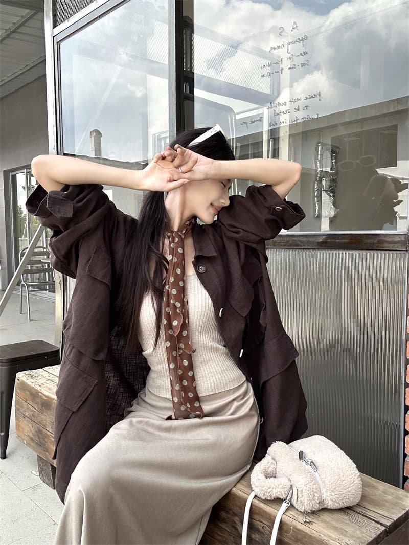 실사 정가 이른 봄 젠 한 마 도루 가을 높음 그램 무거운 중간 길이 느긋한 재킷 감기 브라운 반신 스커트 상세 이미지 7