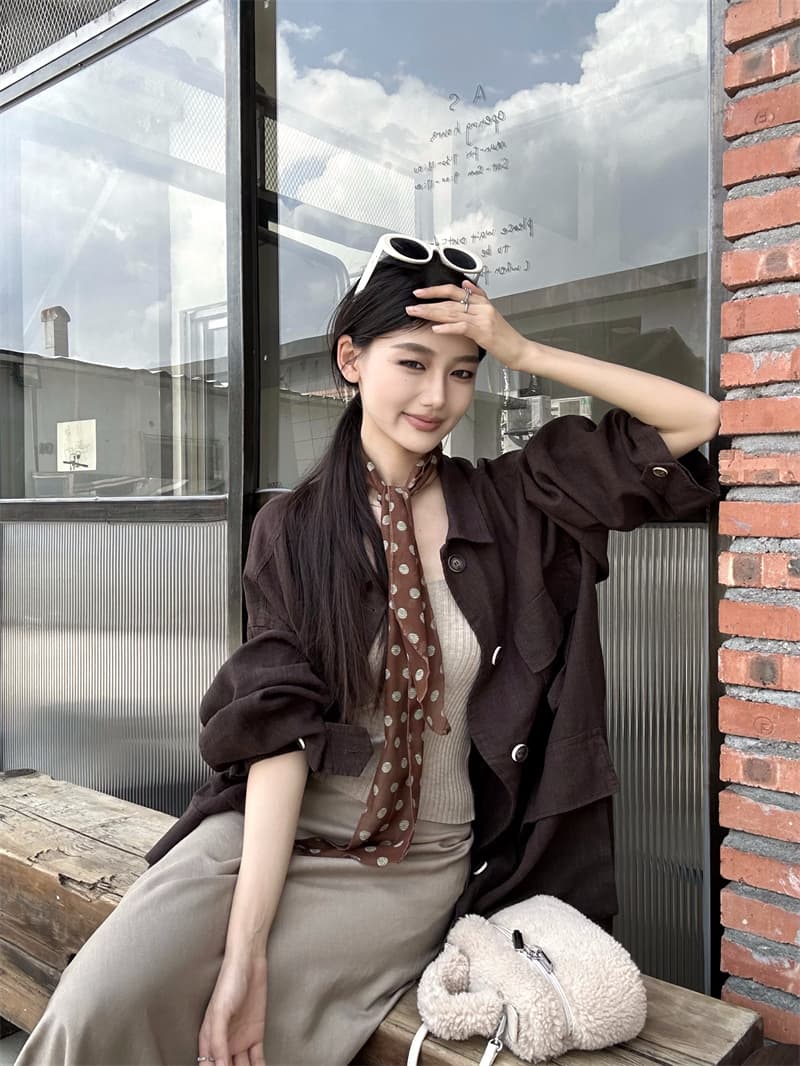 실사 정가 이른 봄 젠 한 마 도루 가을 높음 그램 무거운 중간 길이 느긋한 재킷 감기 브라운 반신 스커트 상세 이미지 8