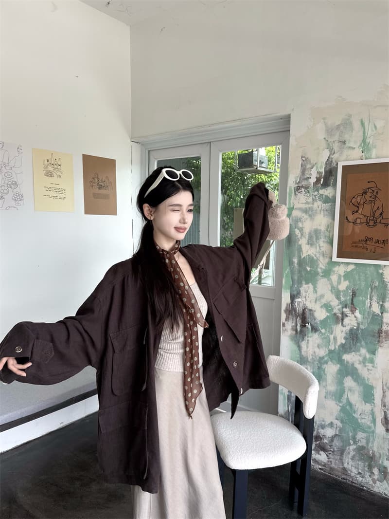 실사 정가 이른 봄 젠 한 마 도루 가을 높음 그램 무거운 중간 길이 느긋한 재킷 감기 브라운 반신 스커트 상세 이미지 14