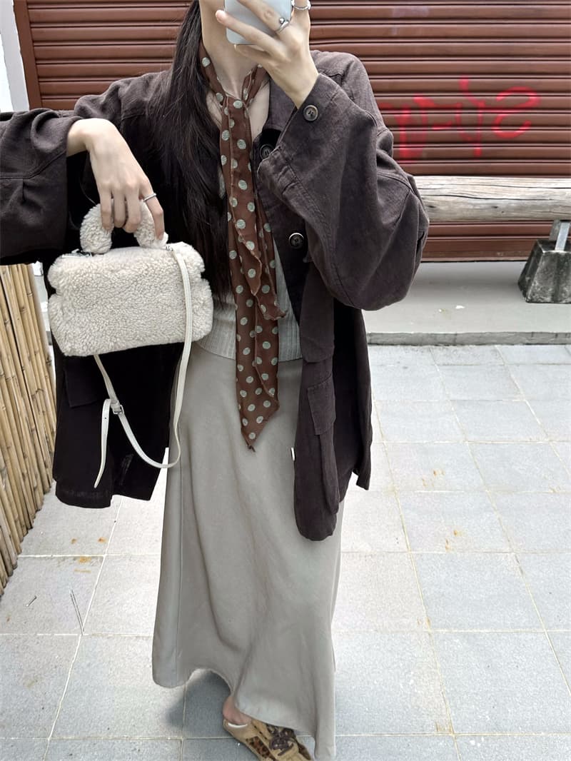 실사 정가 이른 봄 젠 한 마 도루 가을 높음 그램 무거운 중간 길이 느긋한 재킷 감기 브라운 반신 스커트 상세 이미지 16
