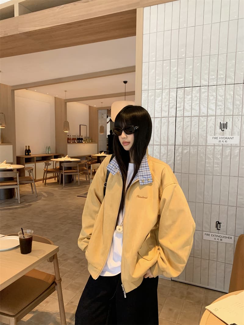 지금 실사 정가 가을 겨울 스탠드 칼라 배색 체크무늬 루즈핏 느긋한 바람 스웨이드 재킷 재킷 이미지 4