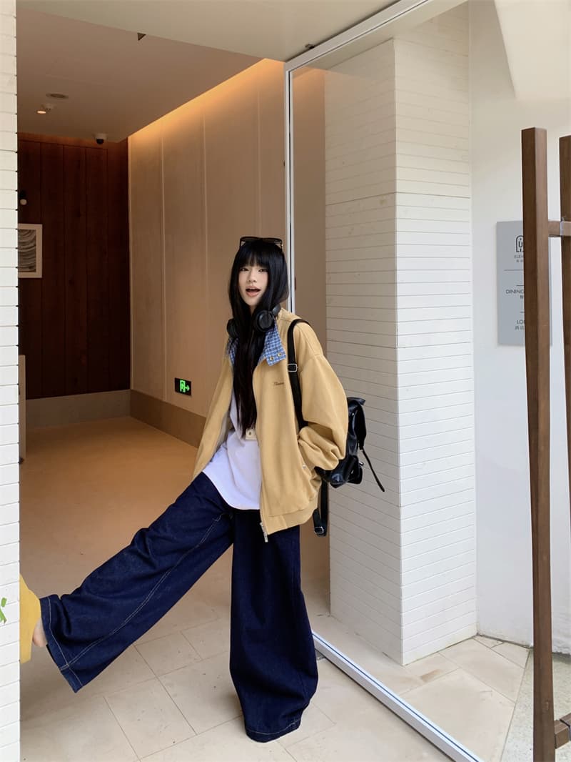 지금 실사 정가 가을 겨울 스탠드 칼라 배색 체크무늬 루즈핏 느긋한 바람 스웨이드 재킷 재킷 이미지 2