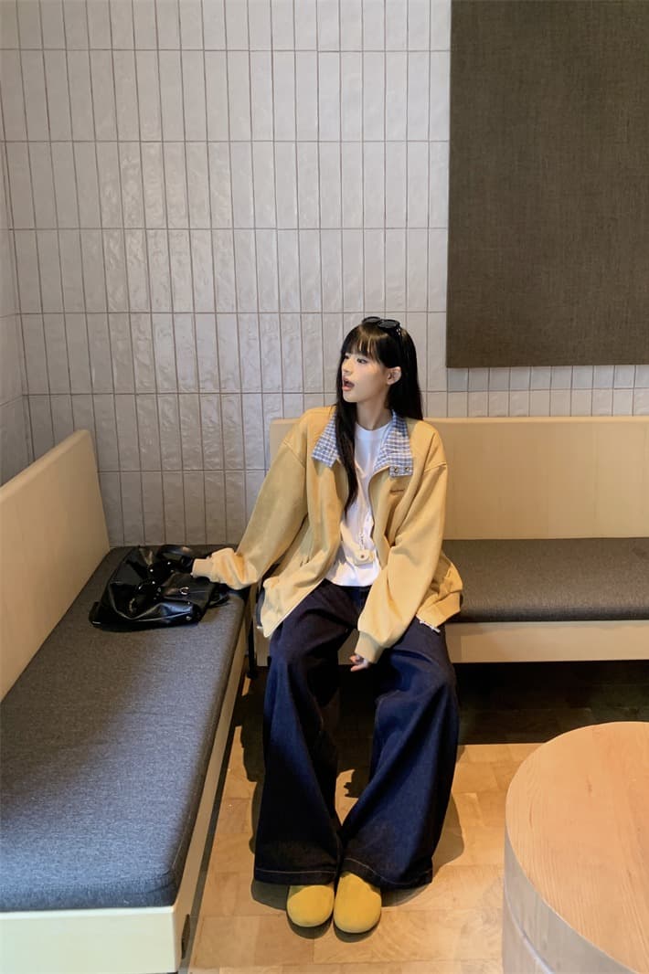 지금 실사 정가 가을 겨울 스탠드 칼라 배색 체크무늬 루즈핏 느긋한 바람 스웨이드 재킷 재킷 이미지 6