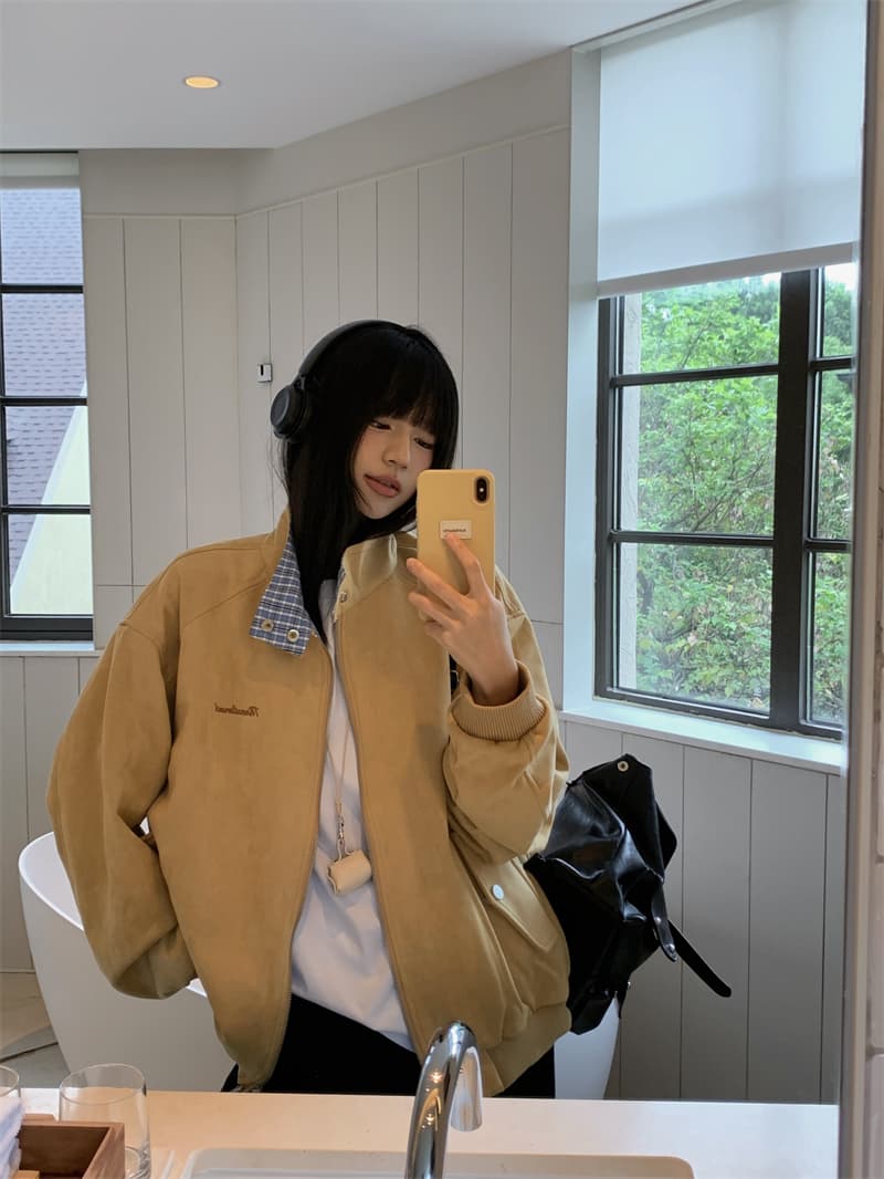 지금 실사 정가 가을 겨울 스탠드 칼라 배색 체크무늬 루즈핏 느긋한 바람 스웨이드 재킷 재킷 상세 이미지 5