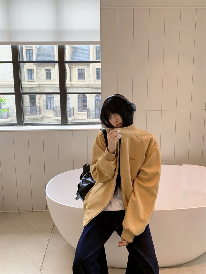 지금 실사 정가 가을 겨울 스탠드 칼라 배색 체크무늬 루즈핏 느긋한 바람 스웨이드 재킷 재킷 상세 이미지 6