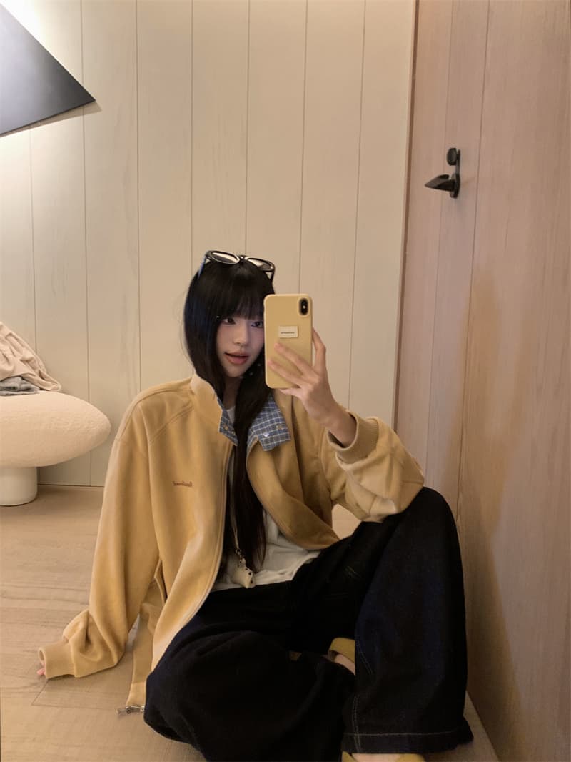 지금 실사 정가 가을 겨울 스탠드 칼라 배색 체크무늬 루즈핏 느긋한 바람 스웨이드 재킷 재킷 상세 이미지 22