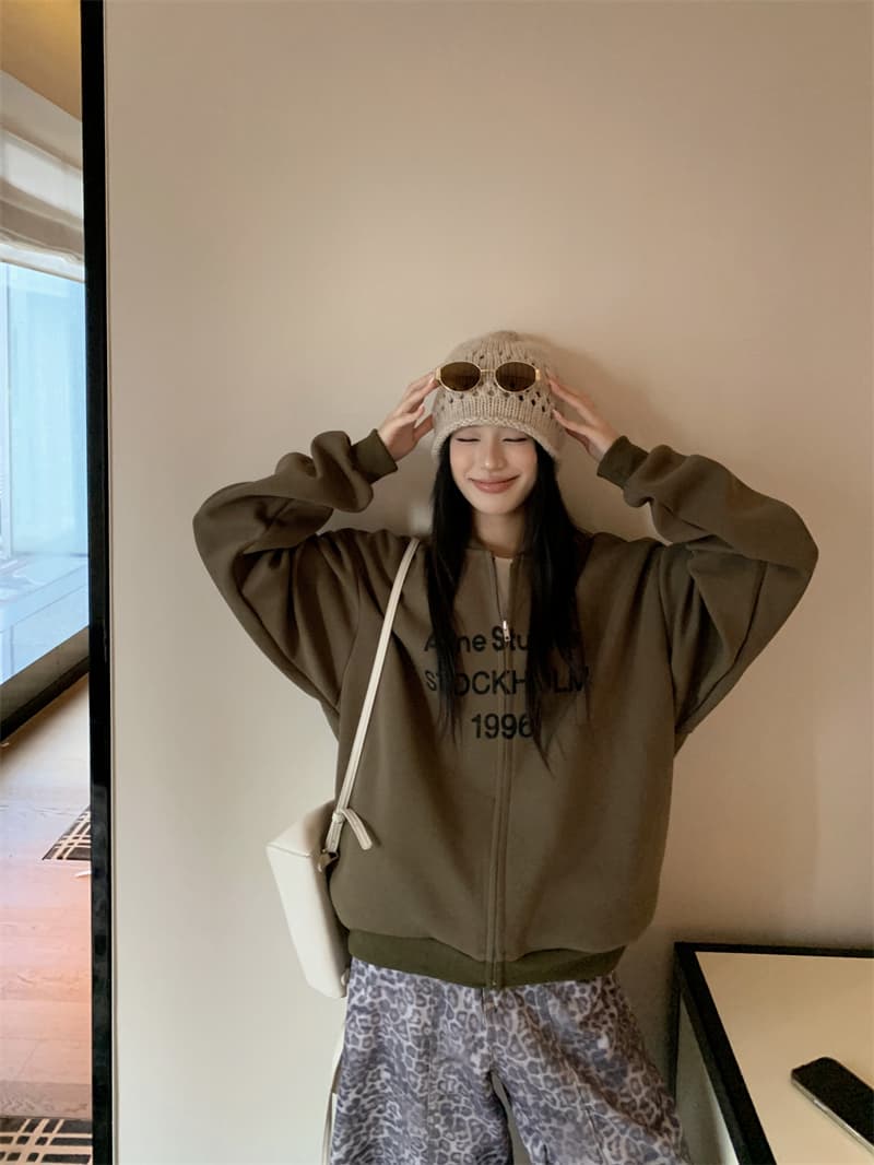 지금 실사 정가 알파벳 프린트 라운드 넥 루즈핏 긴팔 여성 코트 이른 가을 아메리칸 루즈핏 캐주얼 오픈 가디건 맨위 상세 이미지 35