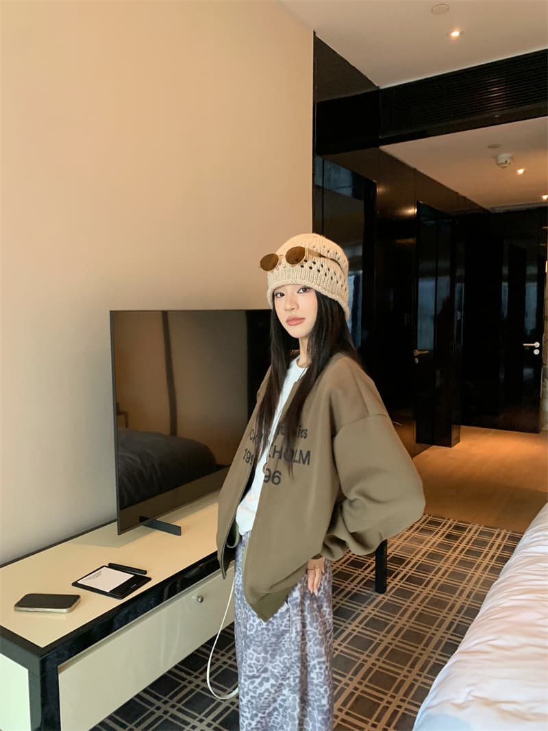 지금 실사 정가 알파벳 프린트 라운드 넥 루즈핏 긴팔 여성 코트 이른 가을 아메리칸 루즈핏 캐주얼 오픈 가디건 맨위 상세 이미지 38