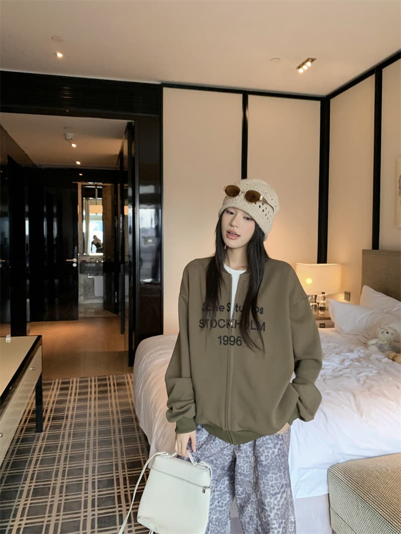 지금 실사 정가 알파벳 프린트 라운드 넥 루즈핏 긴팔 여성 코트 이른 가을 아메리칸 루즈핏 캐주얼 오픈 가디건 맨위 상세 이미지 40