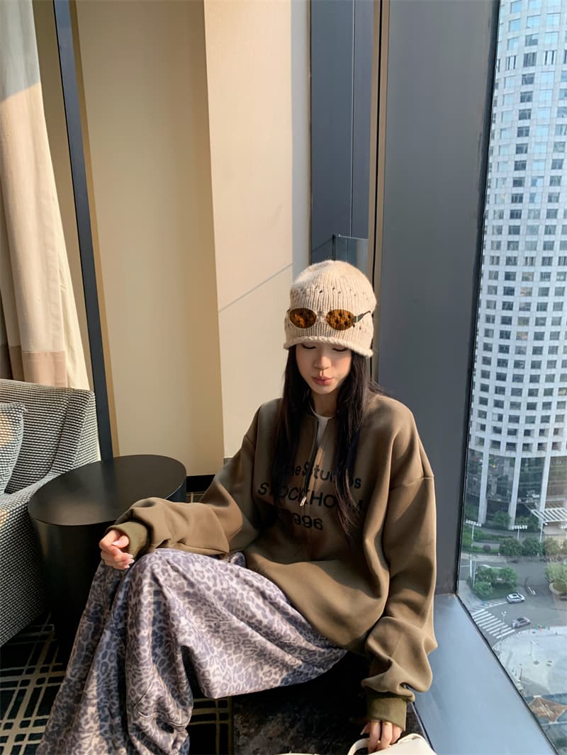지금 실사 정가 알파벳 프린트 라운드 넥 루즈핏 긴팔 여성 코트 이른 가을 아메리칸 루즈핏 캐주얼 오픈 가디건 맨위 상세 이미지 42