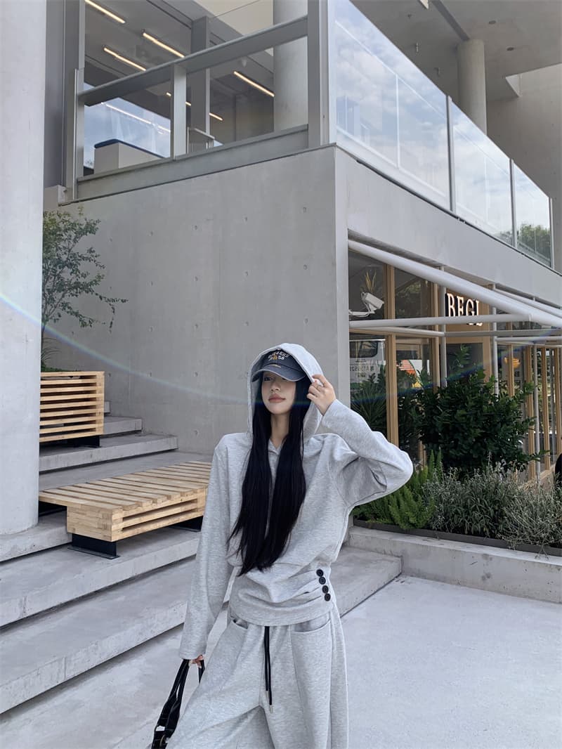 지금 실사 정가 가을 겨울 느긋한 바람 고급 센스 밝은 회색 후드 측면 단추 후드티 와이드 레그 팬츠 세트 상세 이미지 6