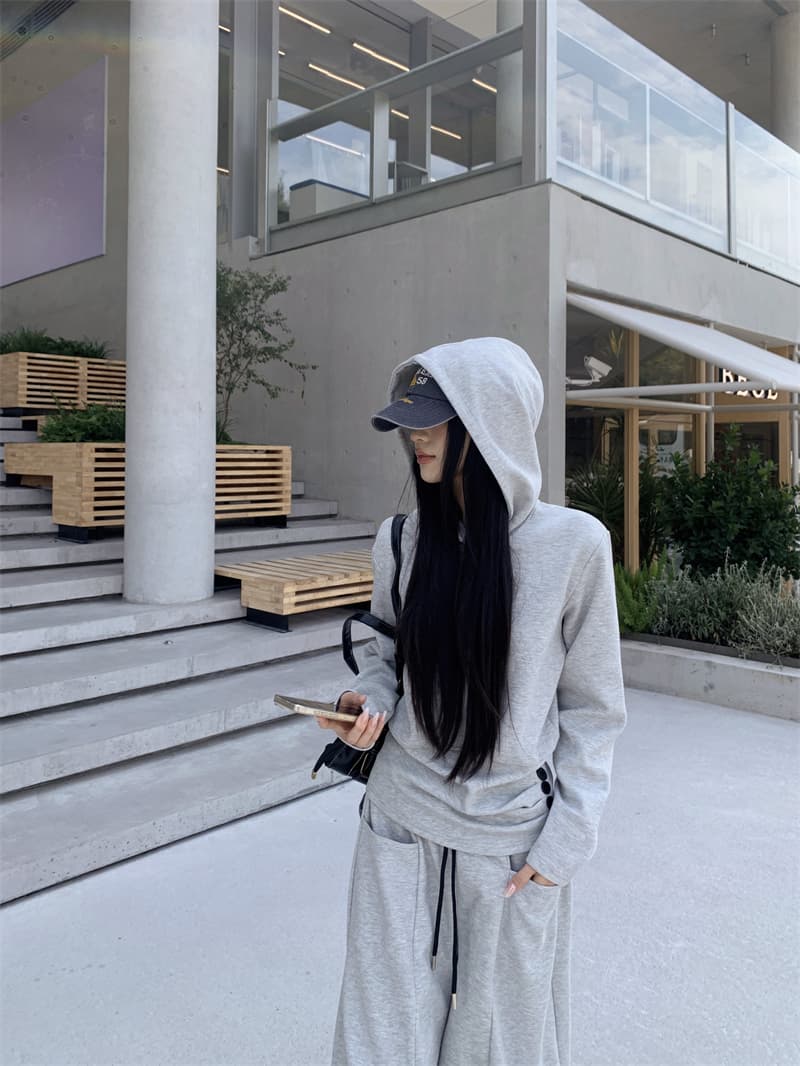 지금 실사 정가 가을 겨울 느긋한 바람 고급 센스 밝은 회색 후드 측면 단추 후드티 와이드 레그 팬츠 세트 상세 이미지 7