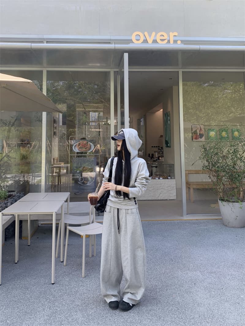 지금 실사 정가 가을 겨울 느긋한 바람 고급 센스 밝은 회색 후드 측면 단추 후드티 와이드 레그 팬츠 세트 상세 이미지 12