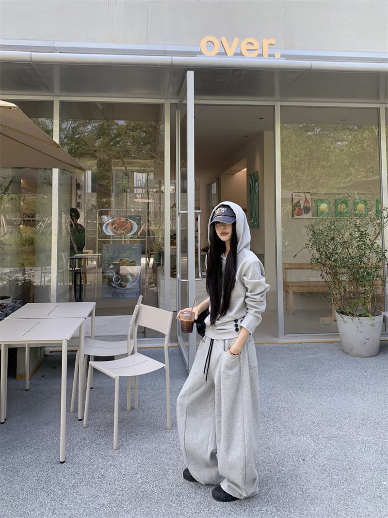 지금 실사 정가 가을 겨울 느긋한 바람 고급 센스 밝은 회색 후드 측면 단추 후드티 와이드 레그 팬츠 세트 상세 이미지 14