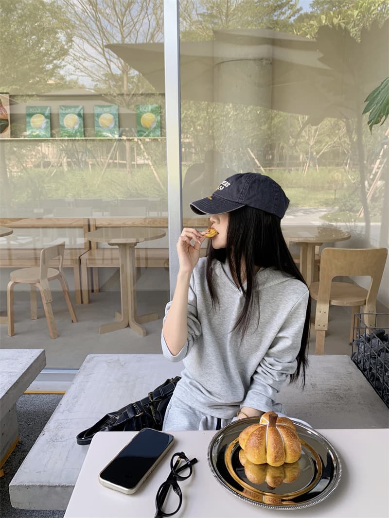 지금 실사 정가 가을 겨울 느긋한 바람 고급 센스 밝은 회색 후드 측면 단추 후드티 와이드 레그 팬츠 세트 상세 이미지 16