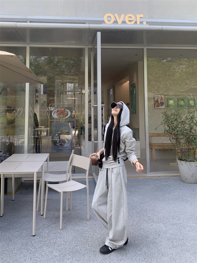 지금 실사 정가 가을 겨울 느긋한 바람 고급 센스 밝은 회색 후드 측면 단추 후드티 와이드 레그 팬츠 세트 상세 이미지 18