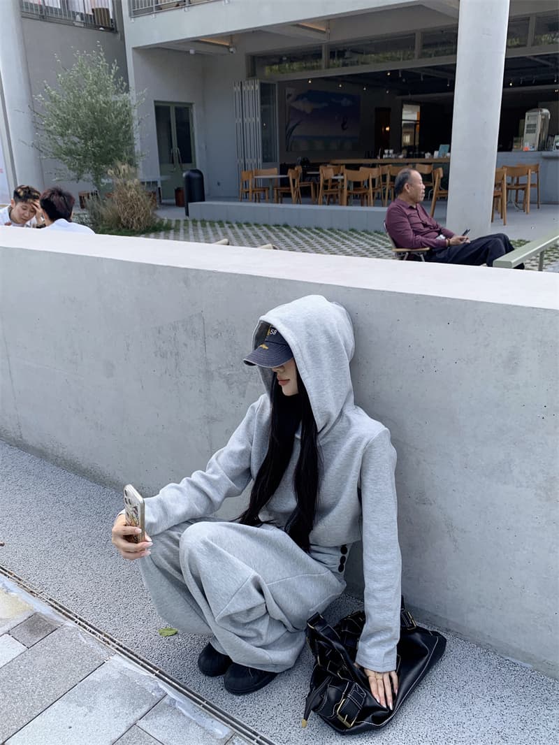 지금 실사 정가 가을 겨울 느긋한 바람 고급 센스 밝은 회색 후드 측면 단추 후드티 와이드 레그 팬츠 세트 상세 이미지 25