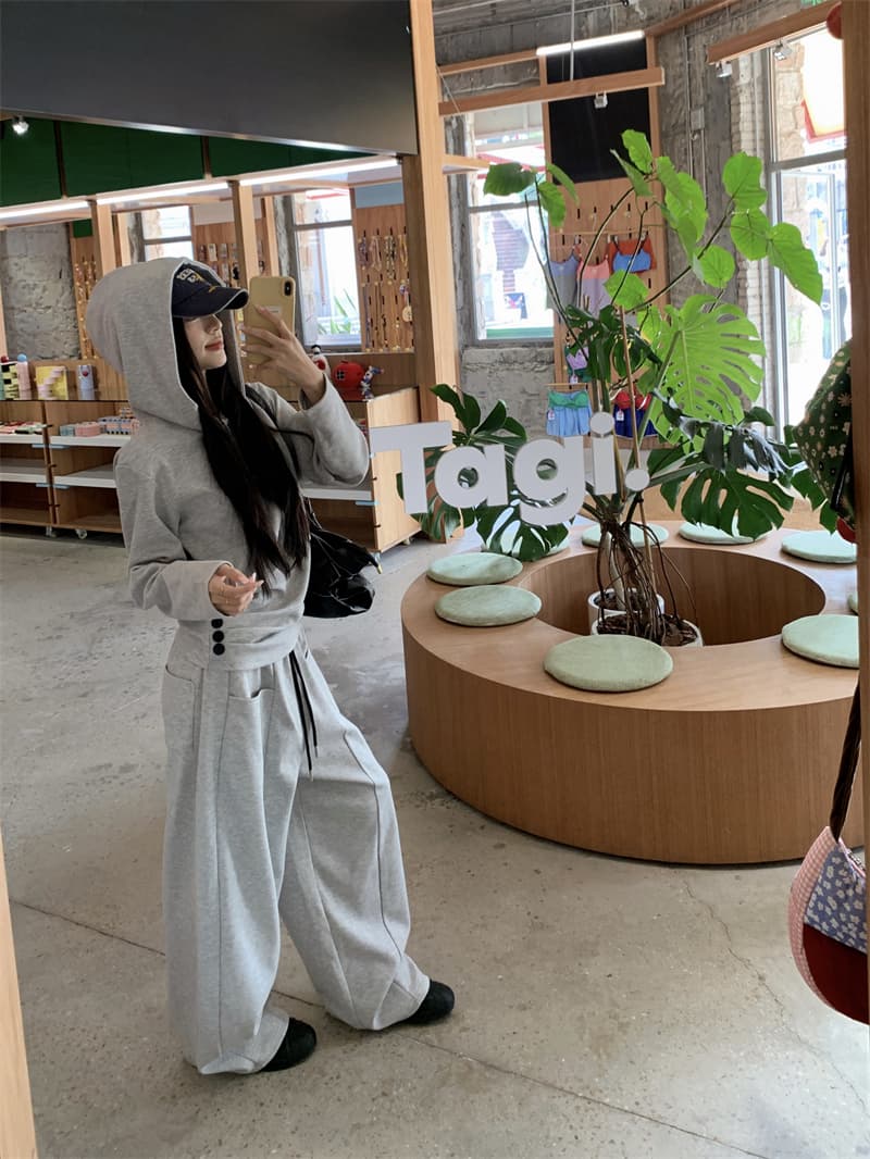 지금 실사 정가 가을 겨울 느긋한 바람 고급 센스 밝은 회색 후드 측면 단추 후드티 와이드 레그 팬츠 세트 상세 이미지 32