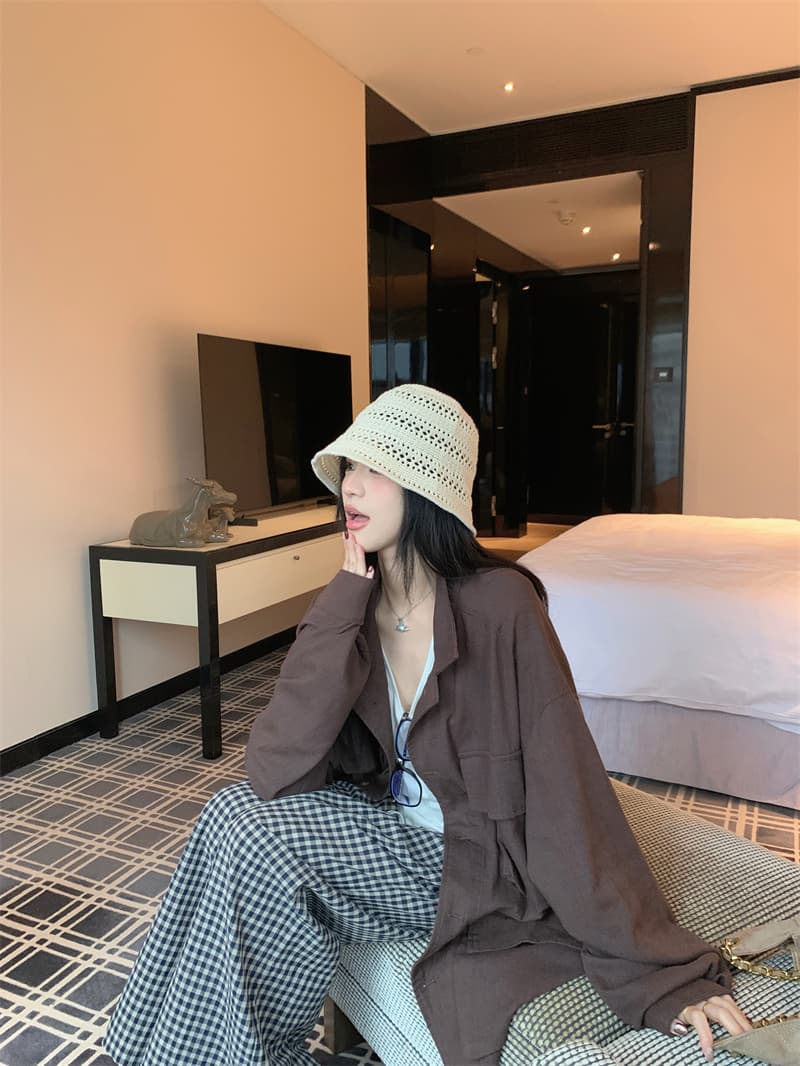 있음 선적 실사 이른 봄 느긋한 바람 면 린넨 주머니 디자인 중간 길이 커피 재킷 체크무늬 와이드 레그 팬츠 상세 이미지 7