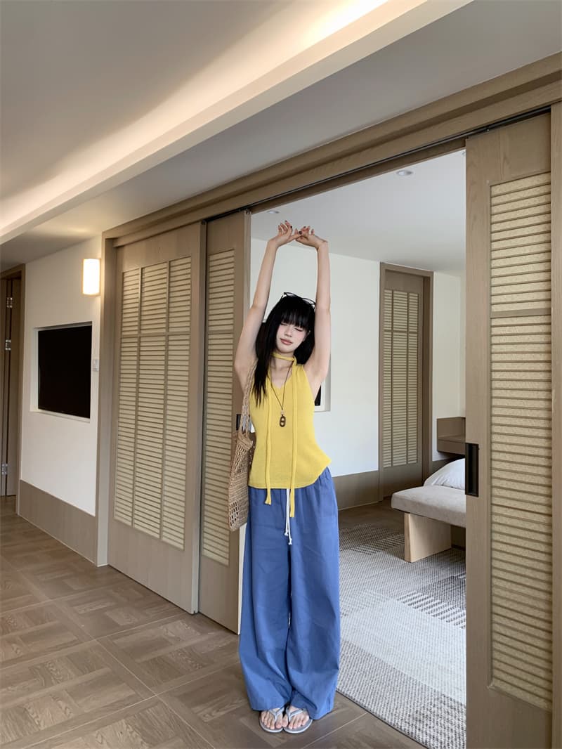 있음 선적 실사 느긋한 휴가 바람 심황 니트 조끼 행침 목 파란색 와이드 레그 팬츠 세트 상세 이미지 11