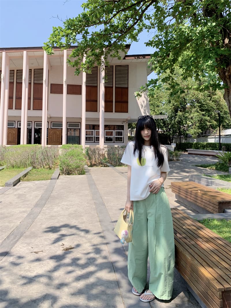 실사 정가 신선함 캐주얼 바람 다용도 화이트 녹색 사과 프린트 반팔 티셔츠 과일 녹색 넓은 다리 캐주얼 바지 상세 이미지 2