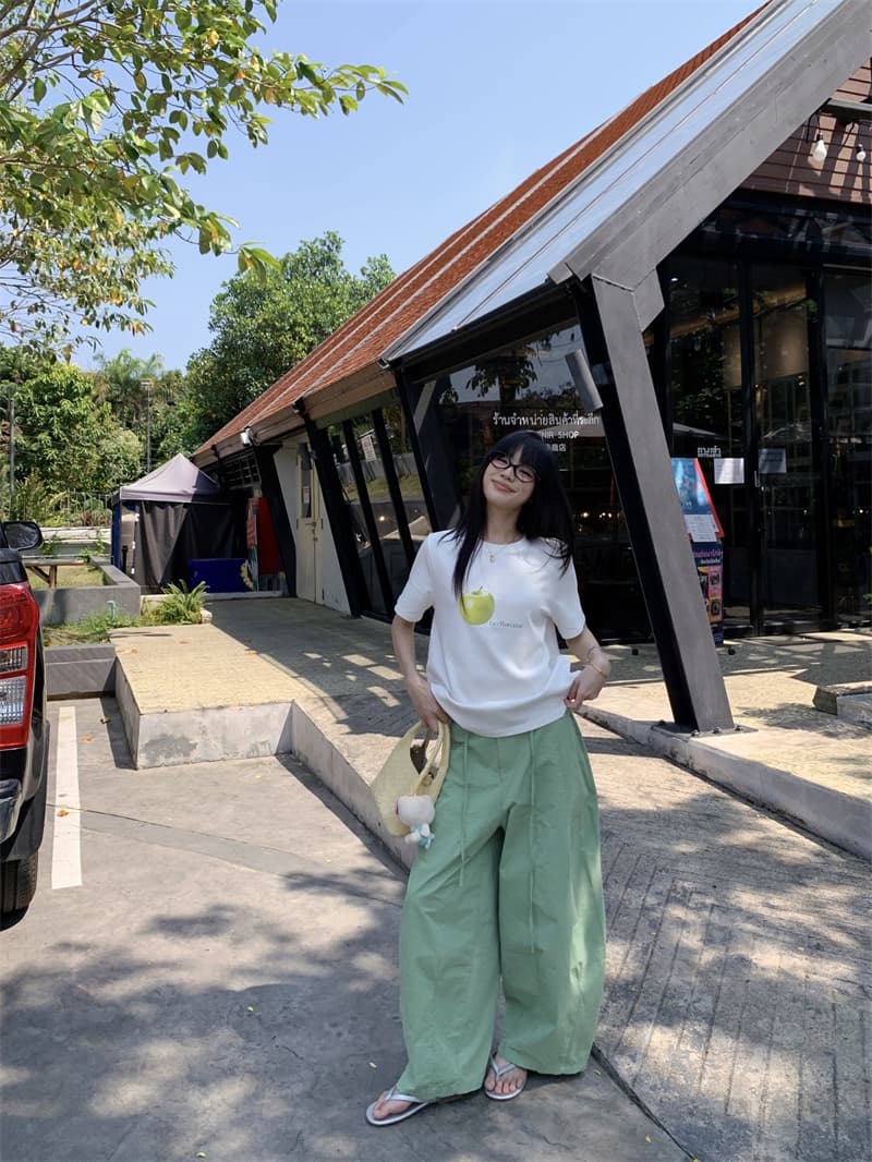 실사 정가 신선함 캐주얼 바람 다용도 화이트 녹색 사과 프린트 반팔 티셔츠 과일 녹색 넓은 다리 캐주얼 바지 상세 이미지 4