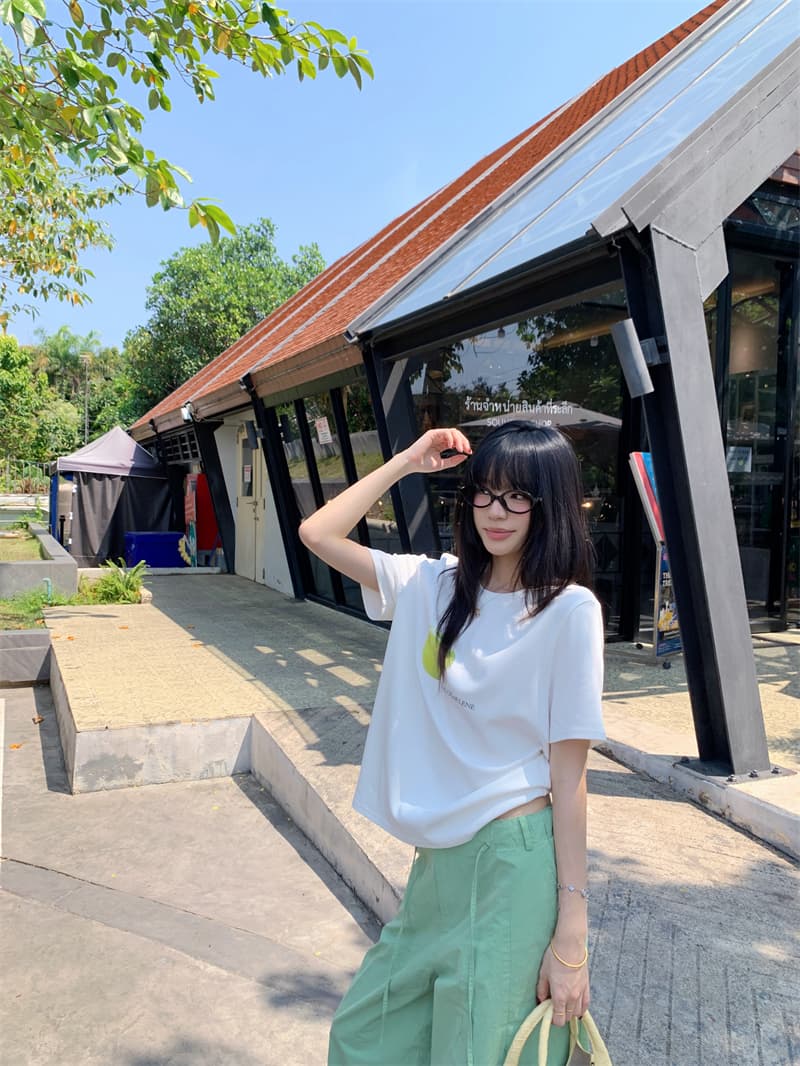 실사 정가 신선함 캐주얼 바람 다용도 화이트 녹색 사과 프린트 반팔 티셔츠 과일 녹색 넓은 다리 캐주얼 바지 상세 이미지 5