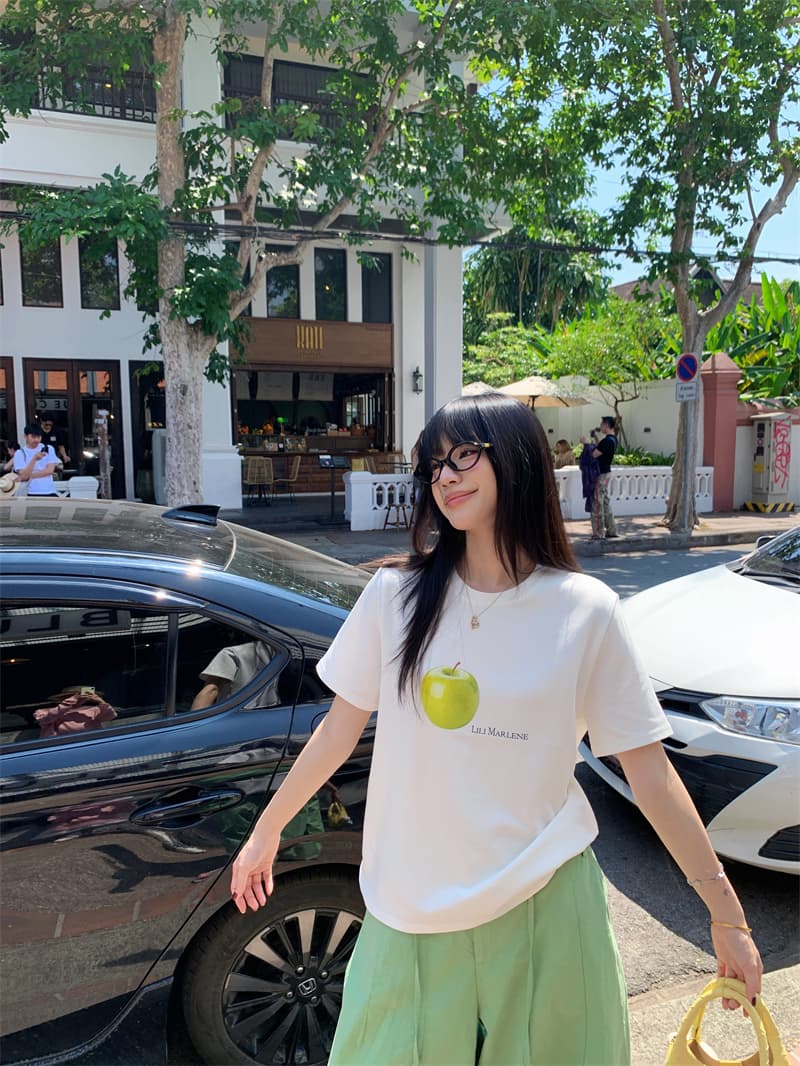 실사 정가 신선함 캐주얼 바람 다용도 화이트 녹색 사과 프린트 반팔 티셔츠 과일 녹색 넓은 다리 캐주얼 바지 상세 이미지 11