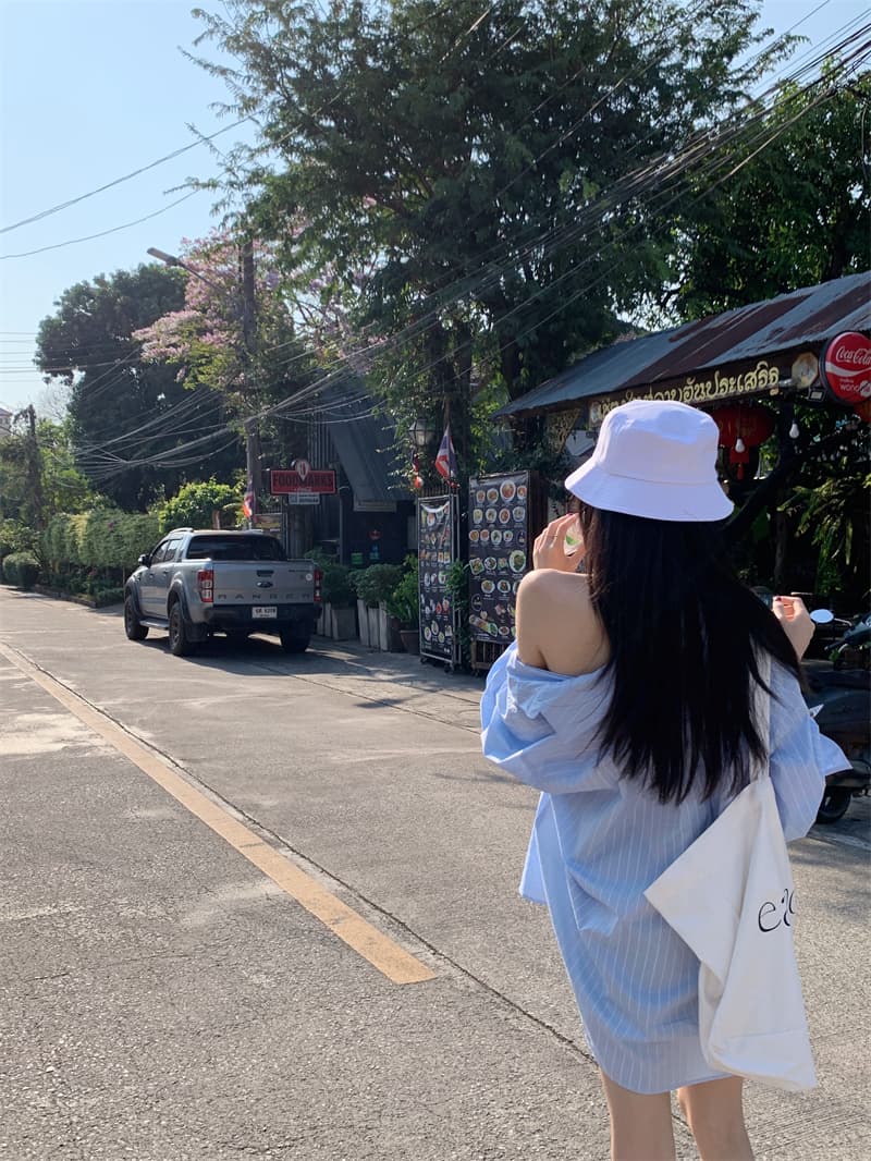 실사 정가 남자 친구 바람 여름 여행 필수 긴팔 블루 스트라이프 자외선 차단 대 에디션 셔츠 상세 이미지 7