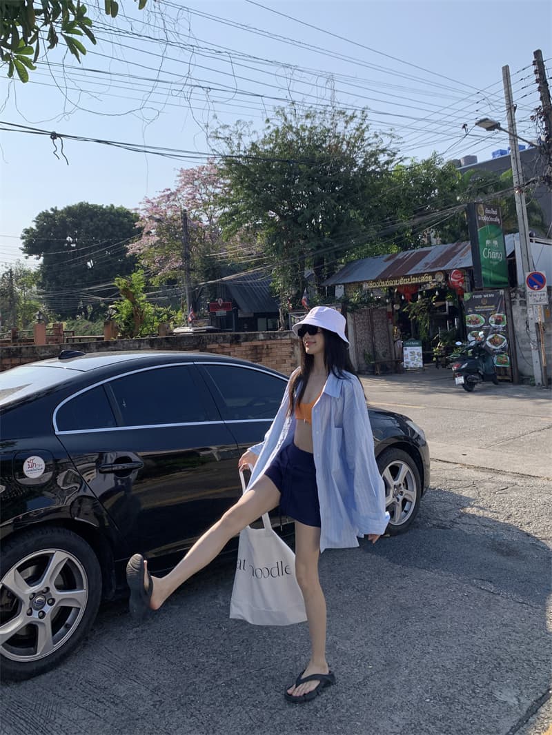 실사 정가 남자 친구 바람 여름 여행 필수 긴팔 블루 스트라이프 자외선 차단 대 에디션 셔츠 상세 이미지 15