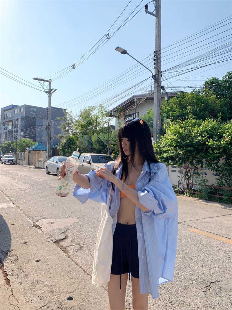 실사 정가 남자 친구 바람 여름 여행 필수 긴팔 블루 스트라이프 자외선 차단 대 에디션 셔츠 상세 이미지 24