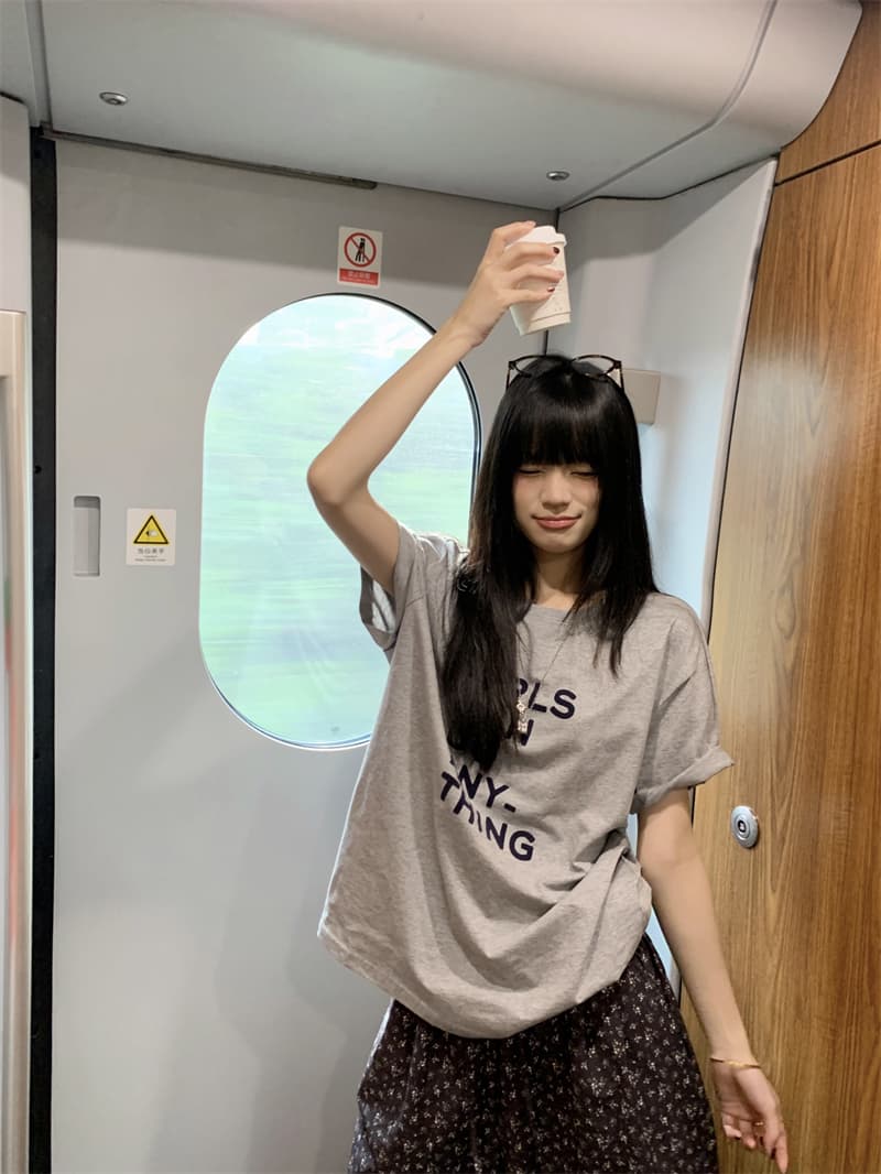 있음 선적 실사 느긋한 편안함 세트 라운드 넥 회색 알파벳 반팔 티셔츠 꽃무늬 굴곡 캐주얼 바지 상세 이미지 14