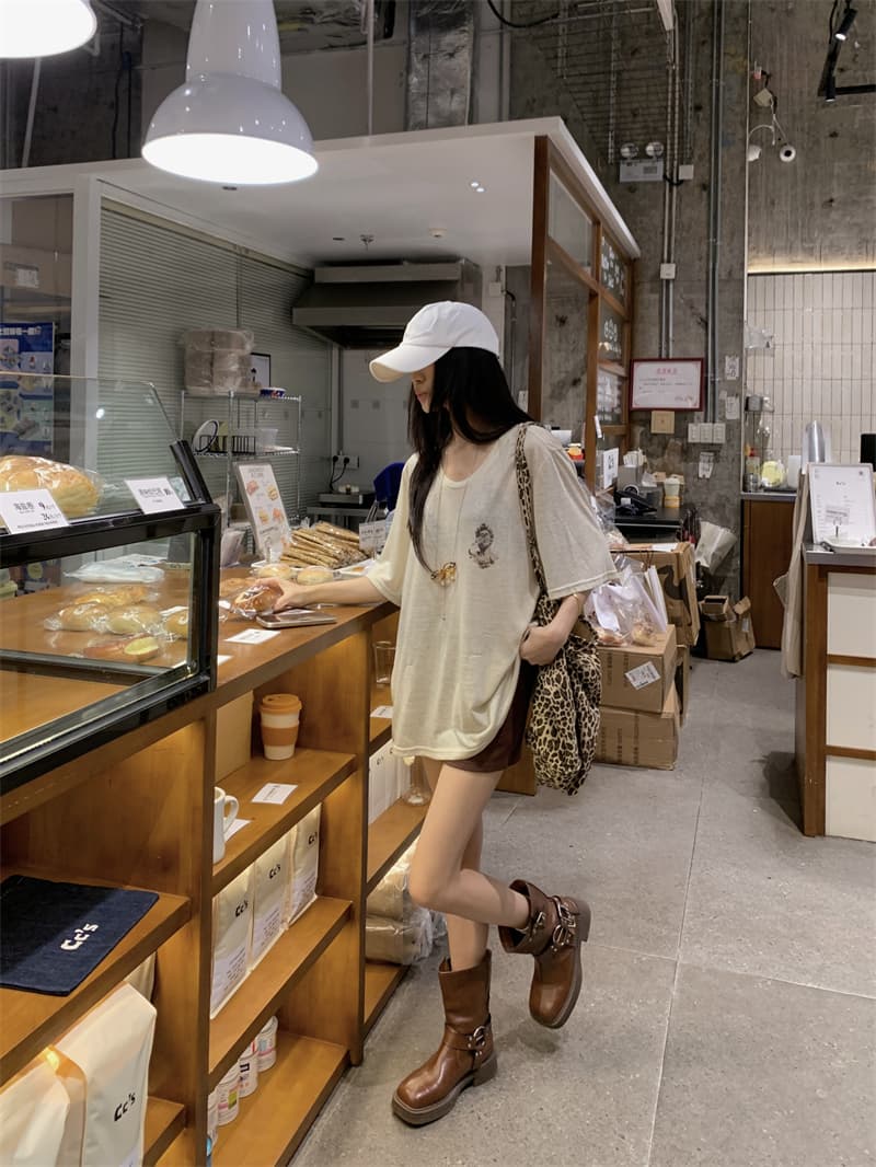 지금 지금 실사 여름 편안함 루즈핏 느긋한 바람 오트밀 색상 프린트 반팔 티셔츠 상세 이미지 22