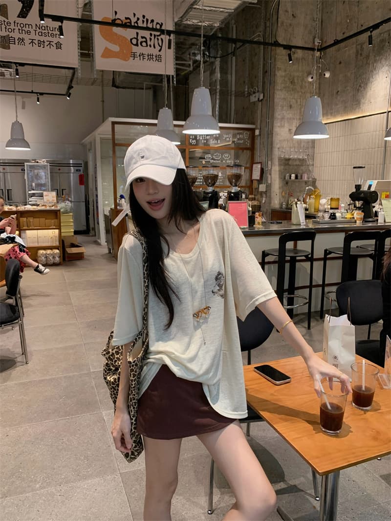 지금 지금 실사 여름 편안함 루즈핏 느긋한 바람 오트밀 색상 프린트 반팔 티셔츠 상세 이미지 23