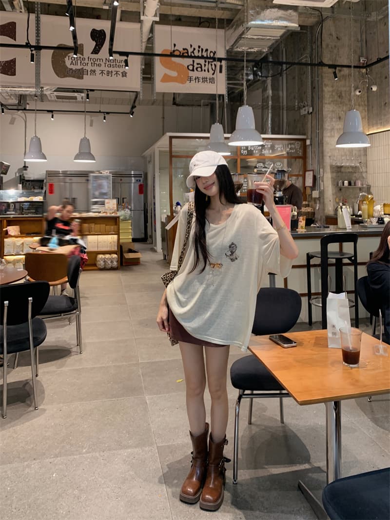 지금 지금 실사 여름 편안함 루즈핏 느긋한 바람 오트밀 색상 프린트 반팔 티셔츠 상세 이미지 25