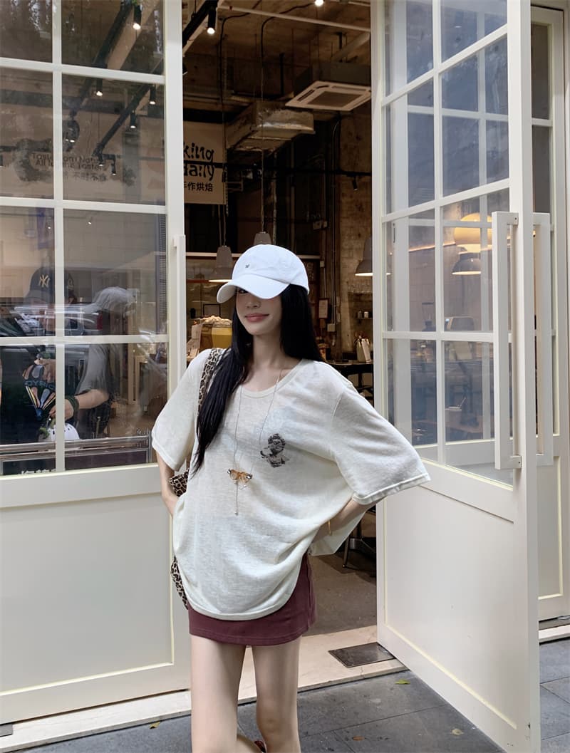 지금 지금 실사 여름 편안함 루즈핏 느긋한 바람 오트밀 색상 프린트 반팔 티셔츠 상세 이미지 28