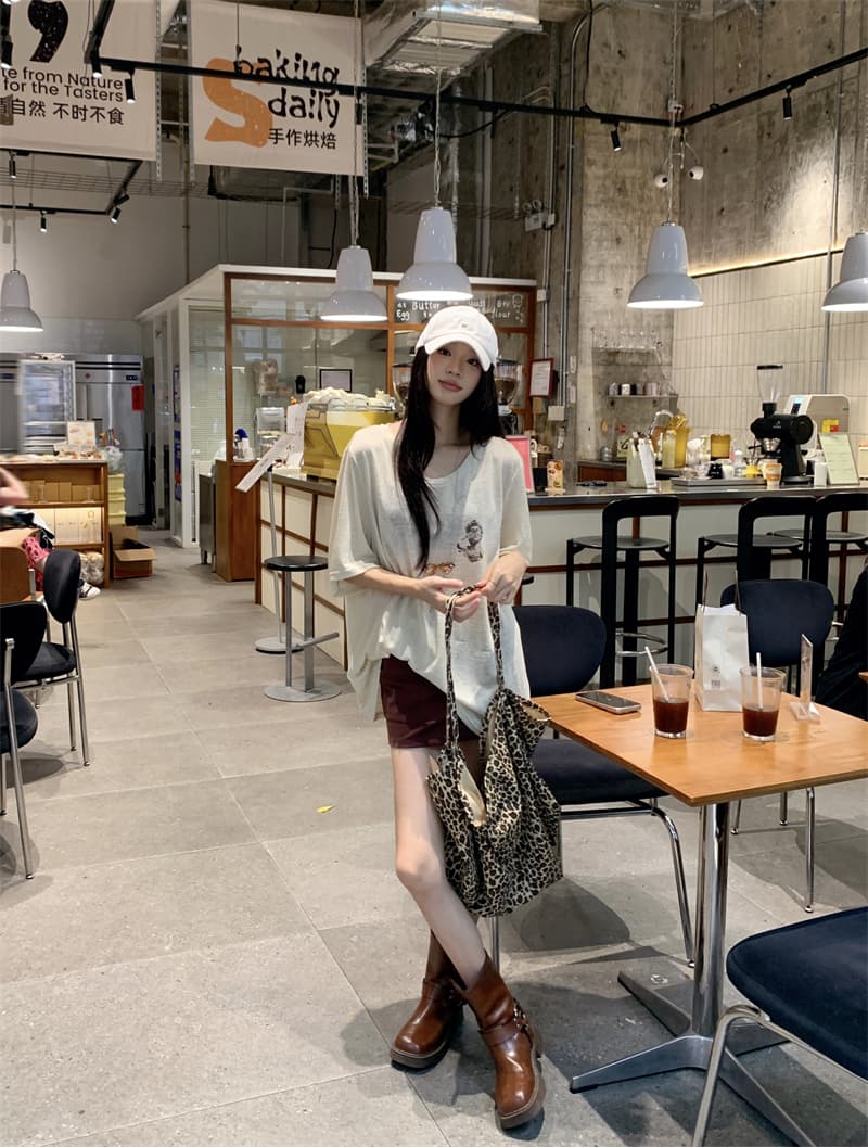 지금 지금 실사 여름 편안함 루즈핏 느긋한 바람 오트밀 색상 프린트 반팔 티셔츠 상세 이미지 29