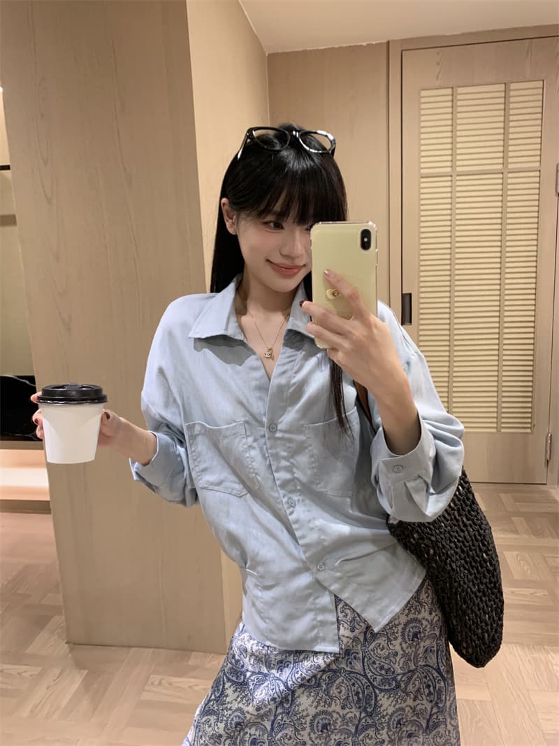 있음 선적 실사 정가 느긋한 바람 디자인 센스 허리 수축 안개 안개 블루 슈퍼 디스플레이 화이트 절묘한 아마 셔츠 상세 이미지 14