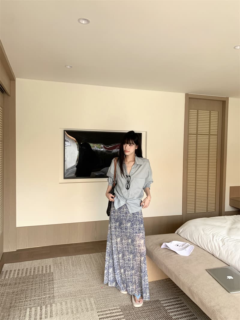 있음 선적 실사 정가 느긋한 바람 디자인 센스 허리 수축 안개 안개 블루 슈퍼 디스플레이 화이트 절묘한 아마 셔츠 상세 이미지 16