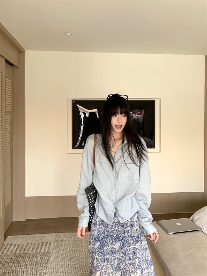 있음 선적 실사 정가 느긋한 바람 디자인 센스 허리 수축 안개 안개 블루 슈퍼 디스플레이 화이트 절묘한 아마 셔츠 상세 이미지 19