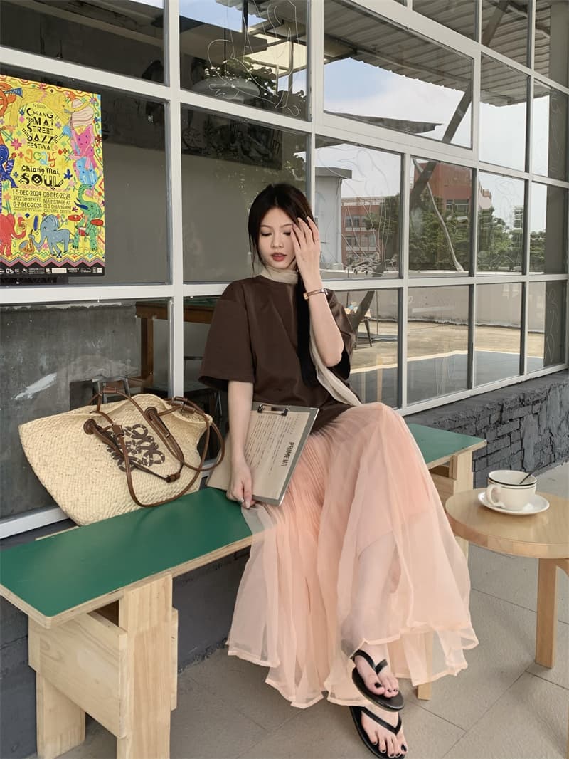 실사 정가 디자인 센스 느긋한 바람 리본 반팔 티셔츠 플리츠 장기 반신 치마 세트 이미지 4