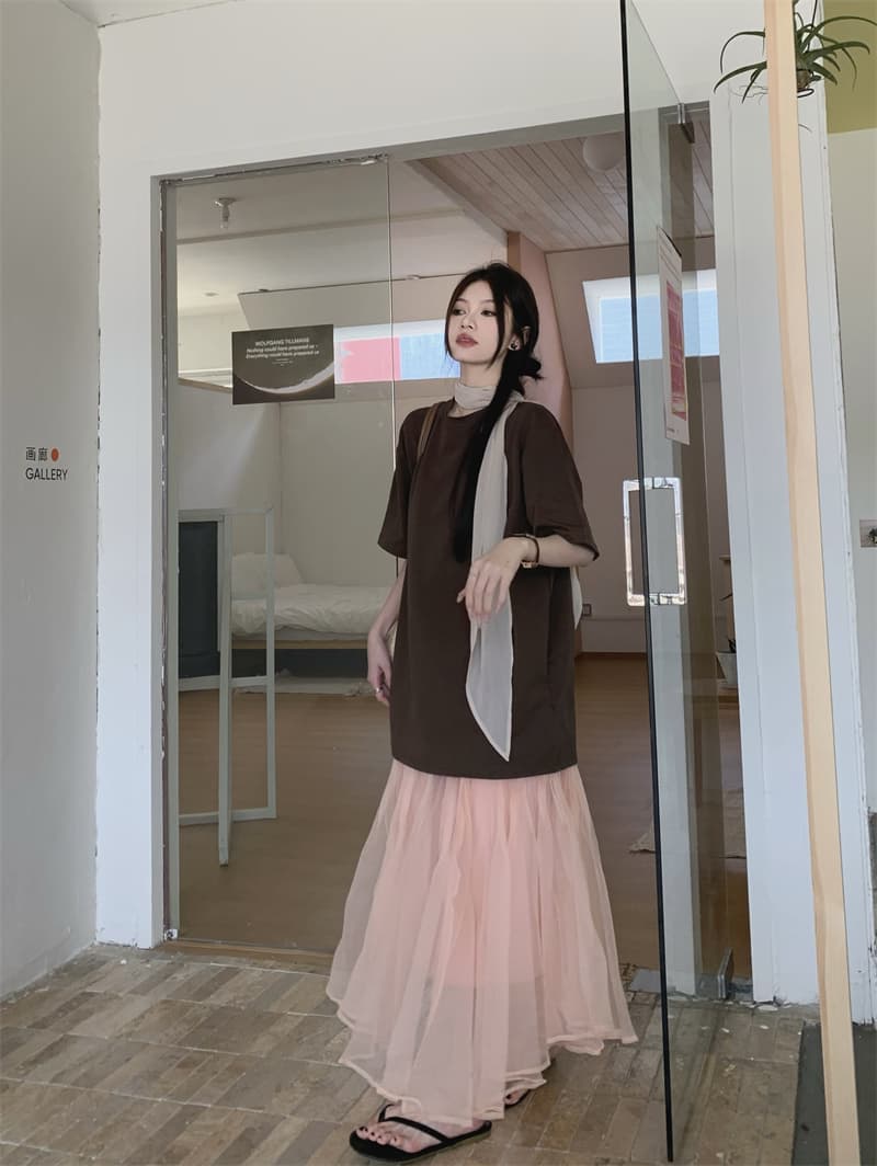 실사 정가 디자인 센스 느긋한 바람 리본 반팔 티셔츠 플리츠 장기 반신 치마 세트