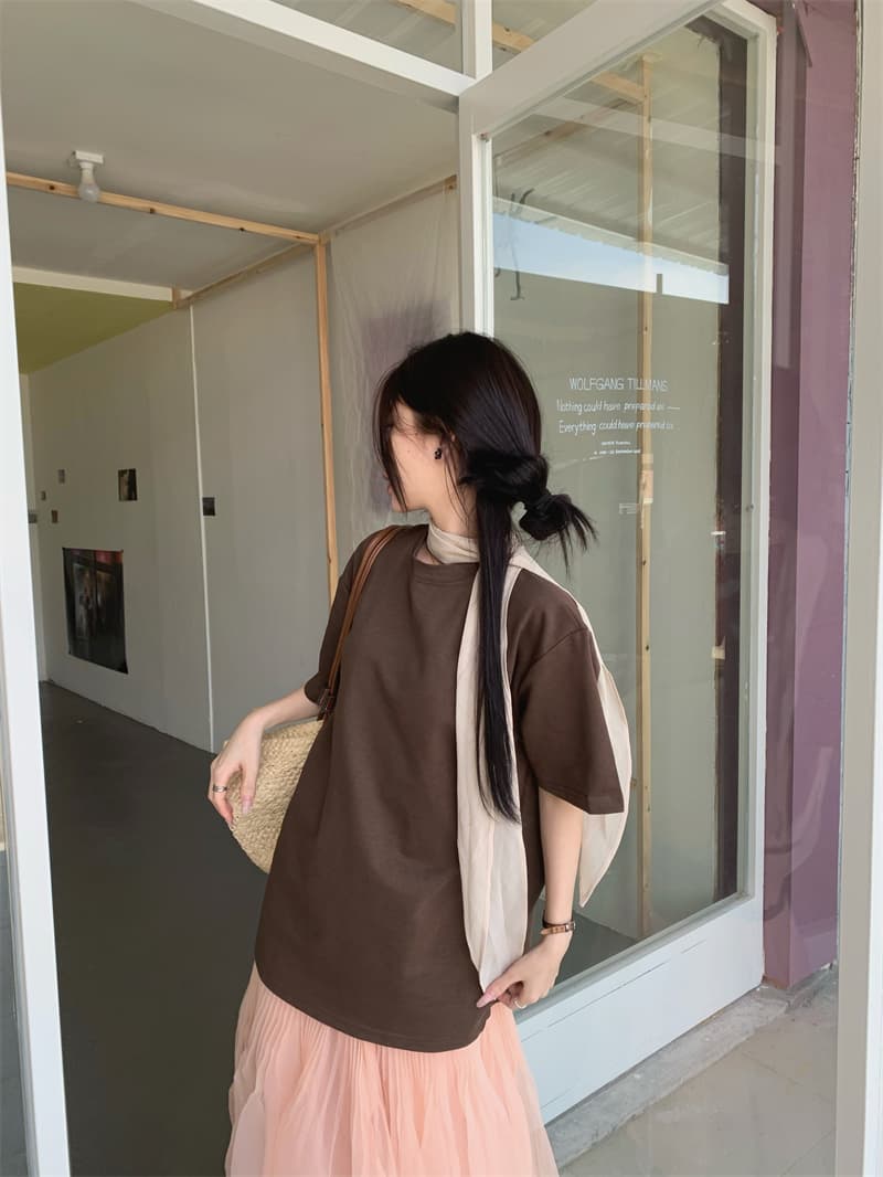 실사 정가 디자인 센스 느긋한 바람 리본 반팔 티셔츠 플리츠 장기 반신 치마 세트 상세 이미지 5