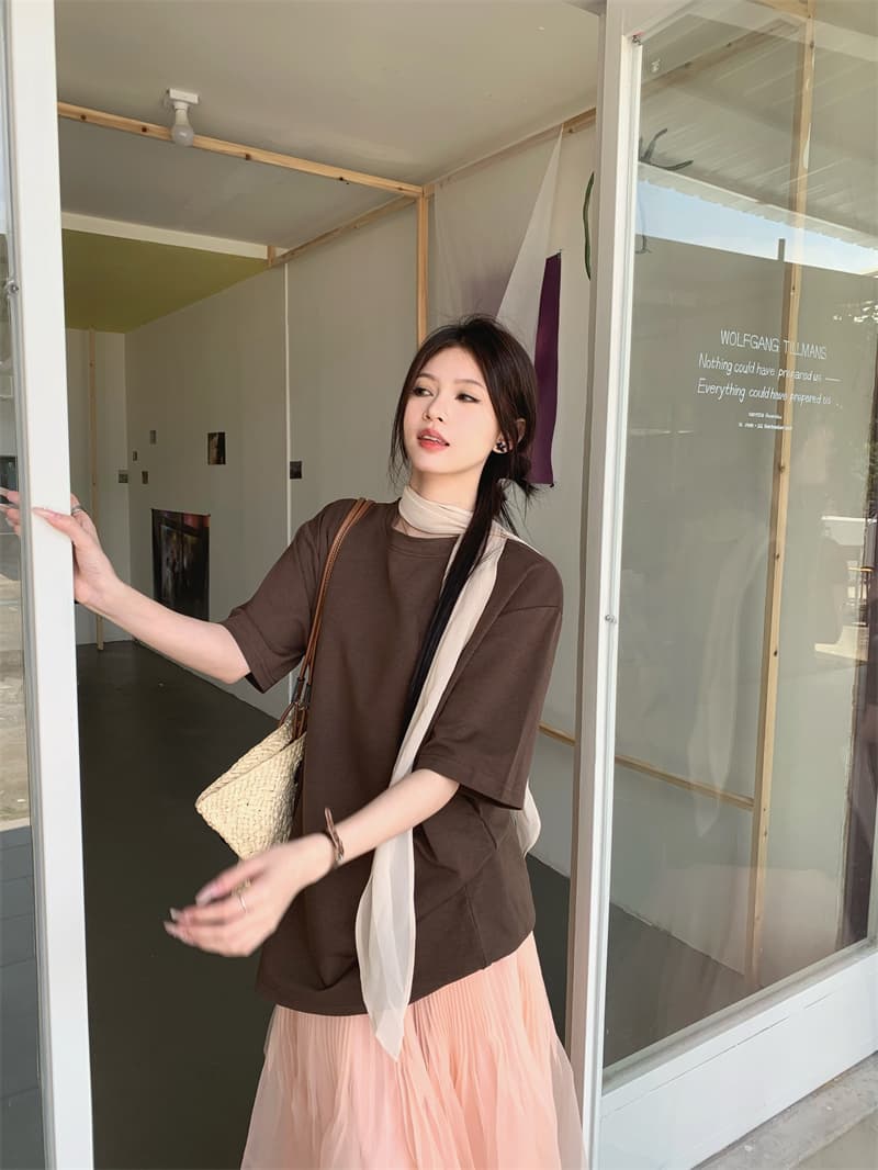 실사 정가 디자인 센스 느긋한 바람 리본 반팔 티셔츠 플리츠 장기 반신 치마 세트 상세 이미지 6