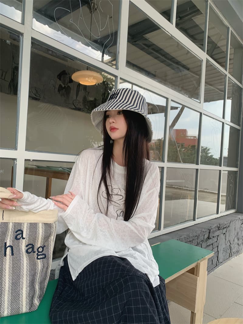 실사 지금 지금 여름 루즈핏 느긋한 바람 라인 꽃 자외선 차단 긴팔 티셔츠 뒤로 레이스 조각 맨위 상세 이미지 13