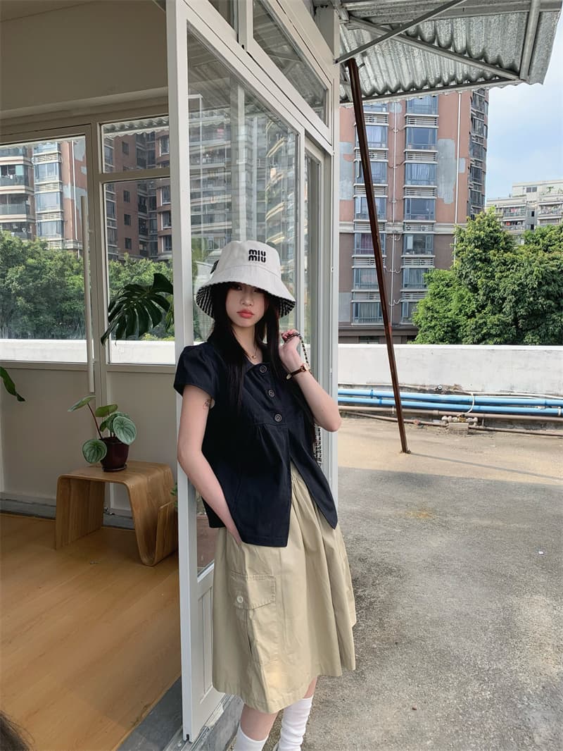 있음 선적 실사 정가 연령 감소 검정색 폴로 칼라 인형 셔츠 작은 맨위 카키 중간 스커트 세트 상세 이미지 6