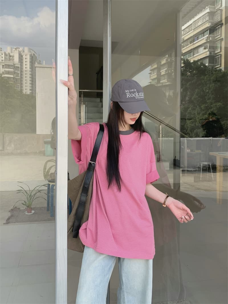 실사 정가 느긋한 바람 연령 감소 디스플레이 화이트 루즈핏 다용도 핑크색 반팔 티셔츠 상세 이미지 2